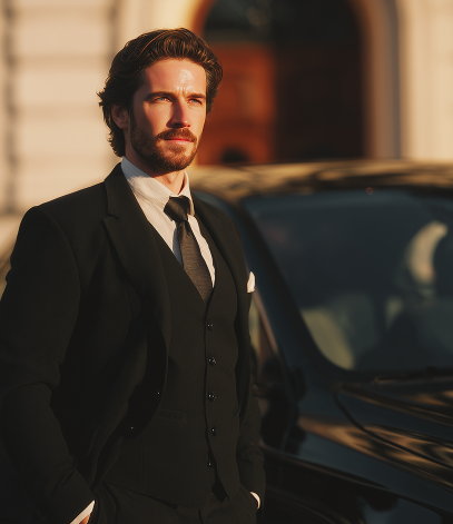 Man in a black suit with a white shirt and black tie stands confidently next to a car.