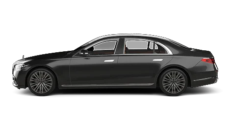 A black Mercedes-Benz luxury sedan is shown in a side profile view, highlighting its elegant design, spacious cabin, and stylish wheels on a plain white background.