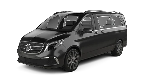 A black Mercedes-Benz V-Class is shown from a front-side view, featuring its prominent grille with the Mercedes emblem, large windows, and spacious multi-passenger cabin against a plain white background.