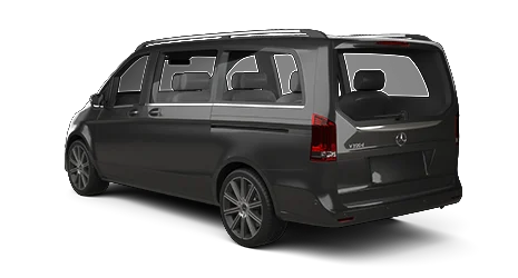 MPV Mercedes Benz V Class is shown from a rear-side angle, with large windows and multiple seats visible inside.
