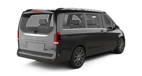 A black Mercedes-Benz V-Class is shown from a rear-side angle, emphasizing its large windows, multiple passenger seats, and modern exterior design on a plain white background.