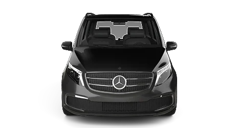A black Mercedes-Benz is shown from the front view, displaying its prominent grille with the Mercedes emblem, large headlights, and spacious interior against a plain white background.