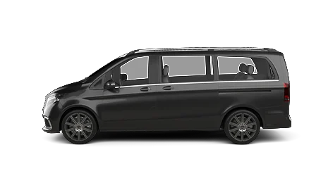 A black Mercedes-Benz is shown in a side profile view, highlighting its long body, large windows, and multiple rows of passenger seats against a plain white background.