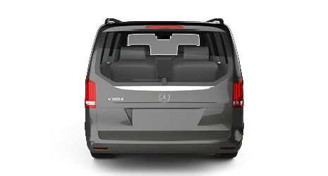 A black Mercedes-Benz is shown from the rear, displaying its wide back window, rear seats, and sleek tail lights against a plain white background.