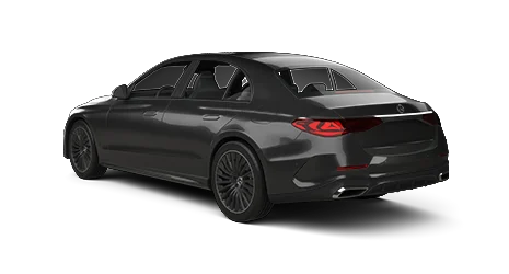 A black Mercedes-Benz luxury sedan is shown from a rear-side perspective, displaying its streamlined shape, distinctive taillights, and stylish alloy wheels