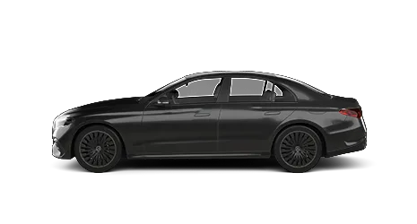 A black Mercedes-Benz sedan is shown in a side profile view, highlighting its streamlined body, four doors, and stylish dark alloy wheels
