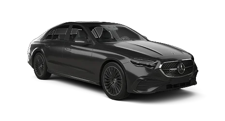 A black Mercedes-Benz sedan is shown from a front-side view, displaying its elegant body lines, signature star grille, and stylish alloy wheels